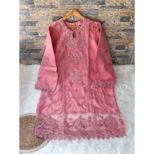 Organza Party Wear Dress - Unstitched (4 pcs) - Dusty Rose