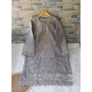 Organza Party Wear Dress - Unstitched (4 pcs) - Grey