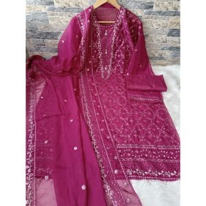 Soft Muslin Embroidered Dress with Sequins & Puthi Work – Unstitched (4-Piece Set) (C1)